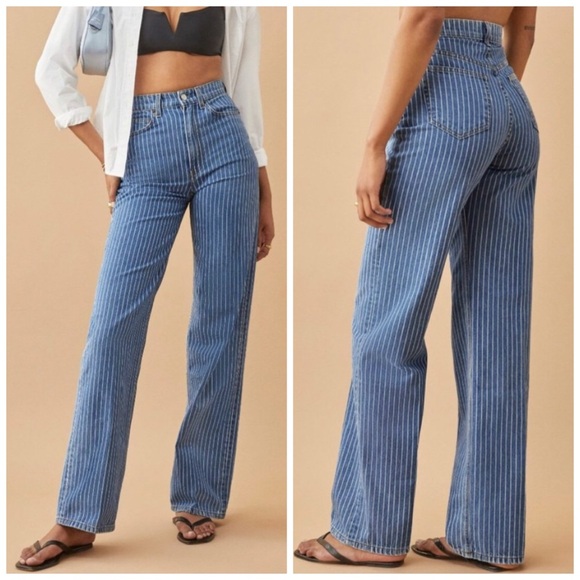 Reformation Denim - Reformation Jeans Hailey Pinstripe High Rise Wide Leg Jeans Blue Size 25